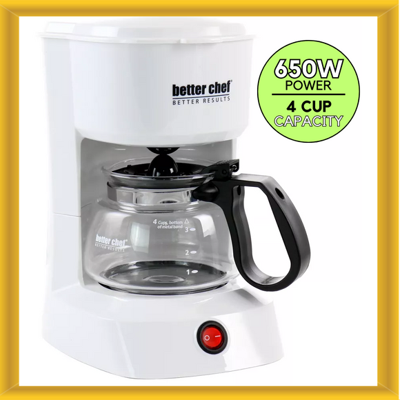 Better Chef 4 Cup Compact Coffee Maker in White with Removable Filter Basket