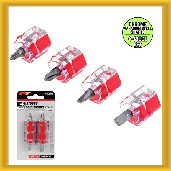 Performance Tool 4-Piece Set Chrome Vanadium Steel Shaft Mini Stubby Screwdriver