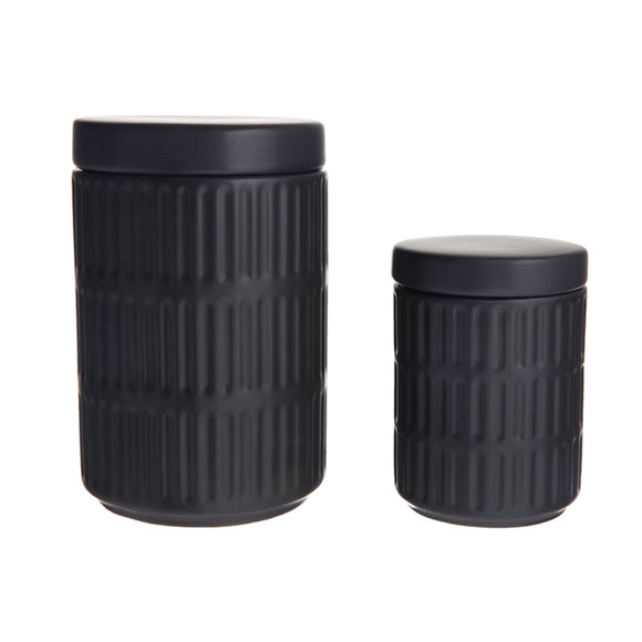 Ceramic Round Canister with Top Lid, Pressed Vertical Line Pattern Design in Matte Black Finish (Set of Two)