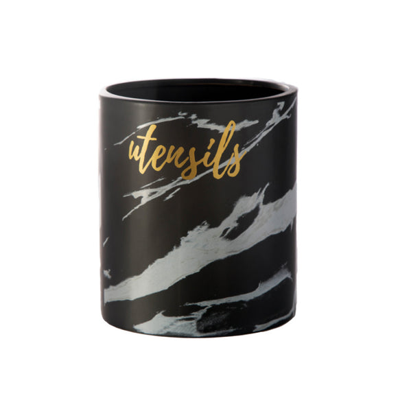 Ceramic Round Utensil Jar with Cursive Writing and Sketch Abstract Design (Matte Finish)