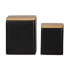 Ceramic Square Canister with Wooden Lid and Smooth Design Body (Black Coated Finish) - Set of Two