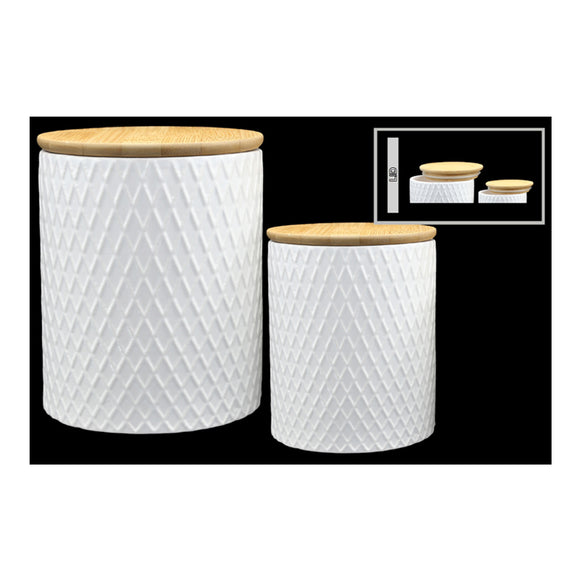 Ceramic Round Canister with Brown Top Lid and Diamond Pattern Design (White) - Set of Two