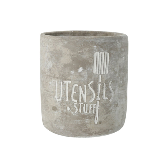 Cement Round Utensil Jar / Holder w/ Engraved Design - Cement Gray