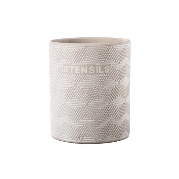 Ceramic Round Utensil Jar w/ Embossed UTENSILS (Matte Gray Finish)