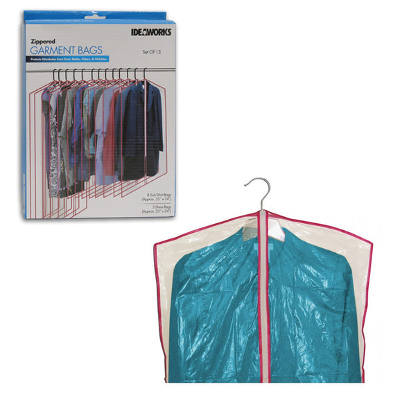 Ideaworks 13 Pcs Clear Zippered Protective Garment Bags for Suits Dress Storage
